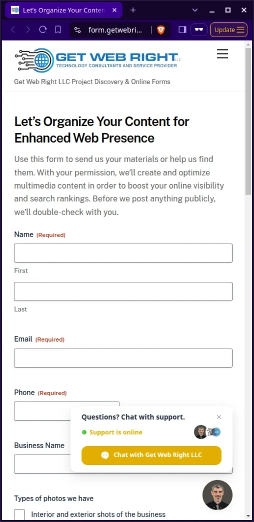image of online form at form.getwebright.com where someone can send materials or help us find them and organize their content for enhancing web presence -- .webp image
